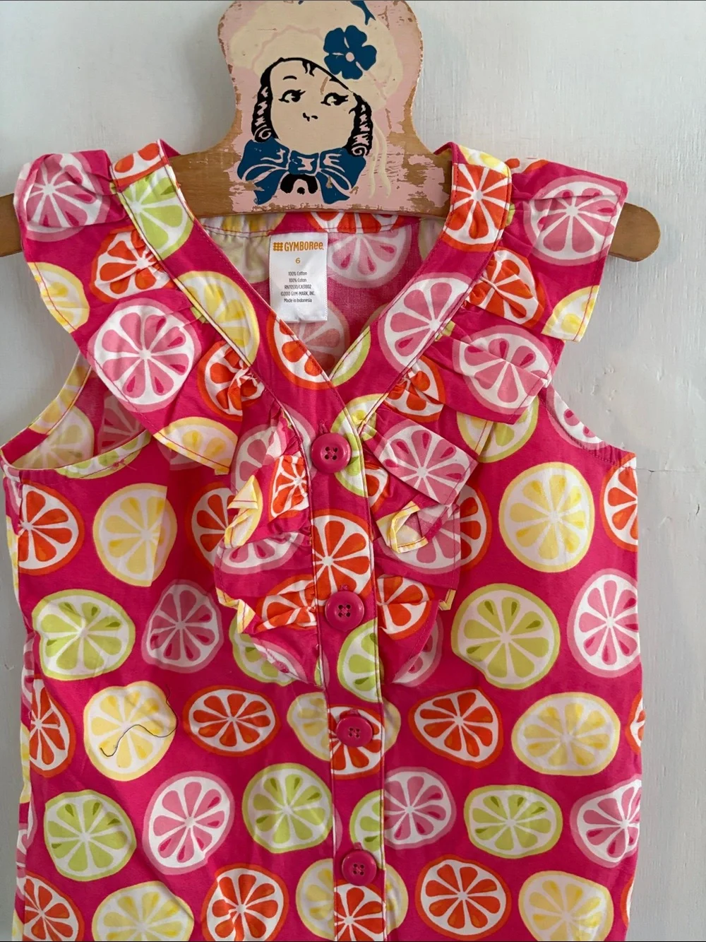 Gymboree hot pink sleeveless button down shirt fruit slice print Size 6